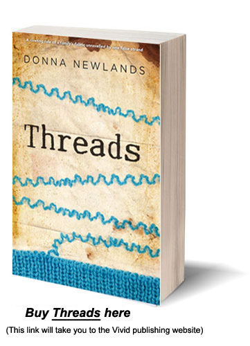 Threads books cover by Australian Author Donna Newlands, shows blue knitting becoming unravelled